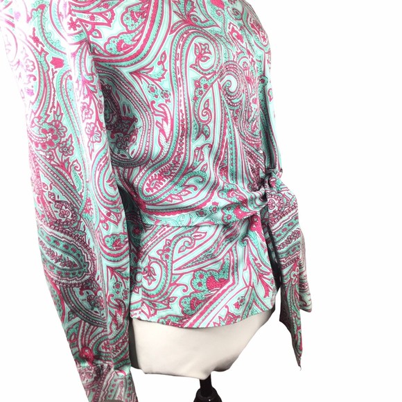 Jones New York Women Blouse Tie front Small Green Pink Paisley Small - Picture 4 of 15